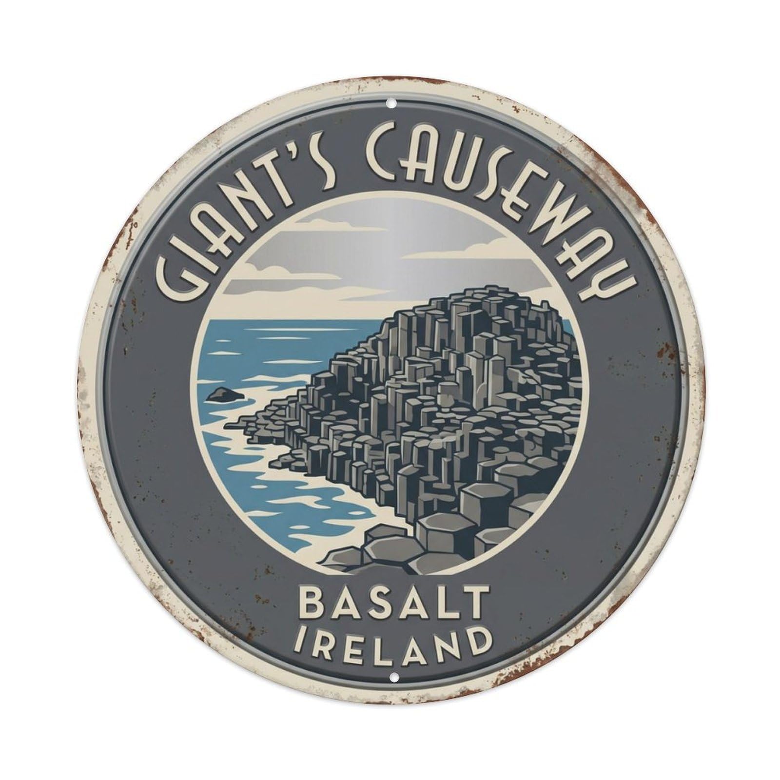 Giant Causeway Basalt Ireland Coast Metal Tin Sign Plaque Wall Decor for Cafe, Club Bar, Office, Home Garden Round Metal Poster 8x8Inch