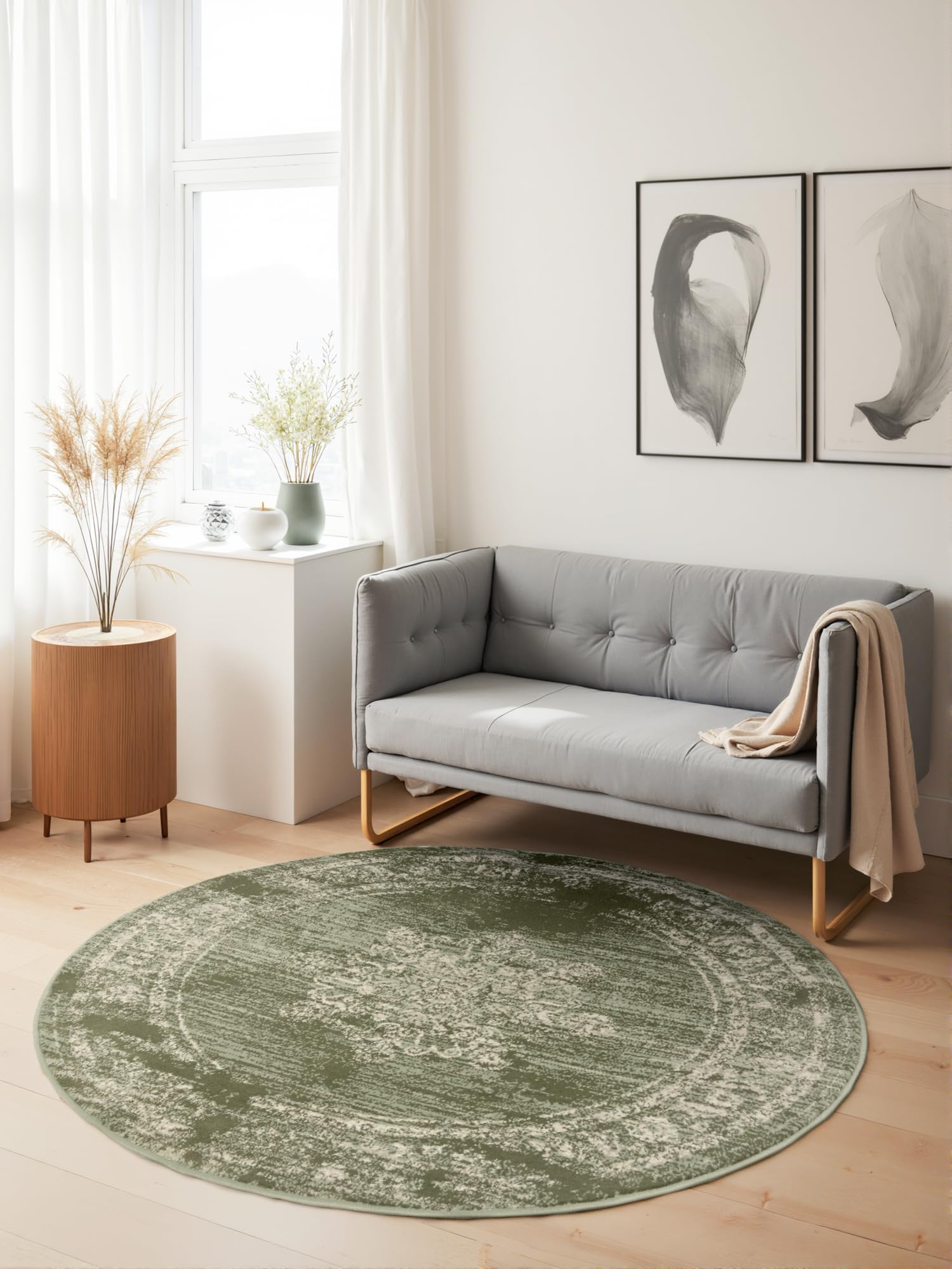The Rugs Unisex Green Gloria Round Rug Lydia Vintage Oriental Short Pile In 120Cm Diameter