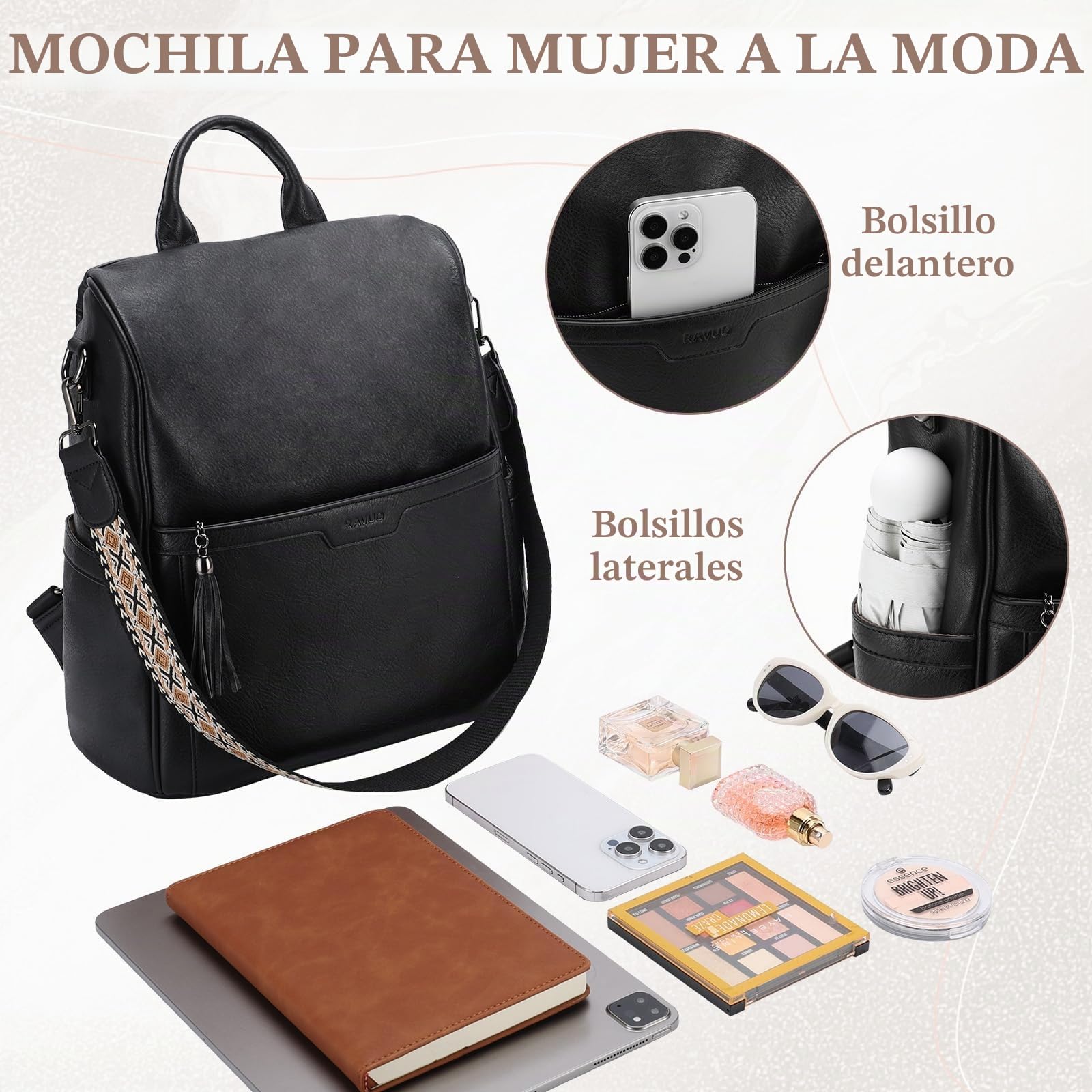 RAVUO Bolso Mochila Mujer, Mochilas Antirrobo de Cuero PU Impermeable 2pcs Set Bolsa de Mano Mochilas Casual para Escuela Viaje Compras,Nergo