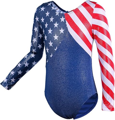 Miniatura 2 de BAOHULU Leotardos de gimnasia para niñas, ropa de baile patriótica de manga larga con purpurina y pantalones cortos a juego