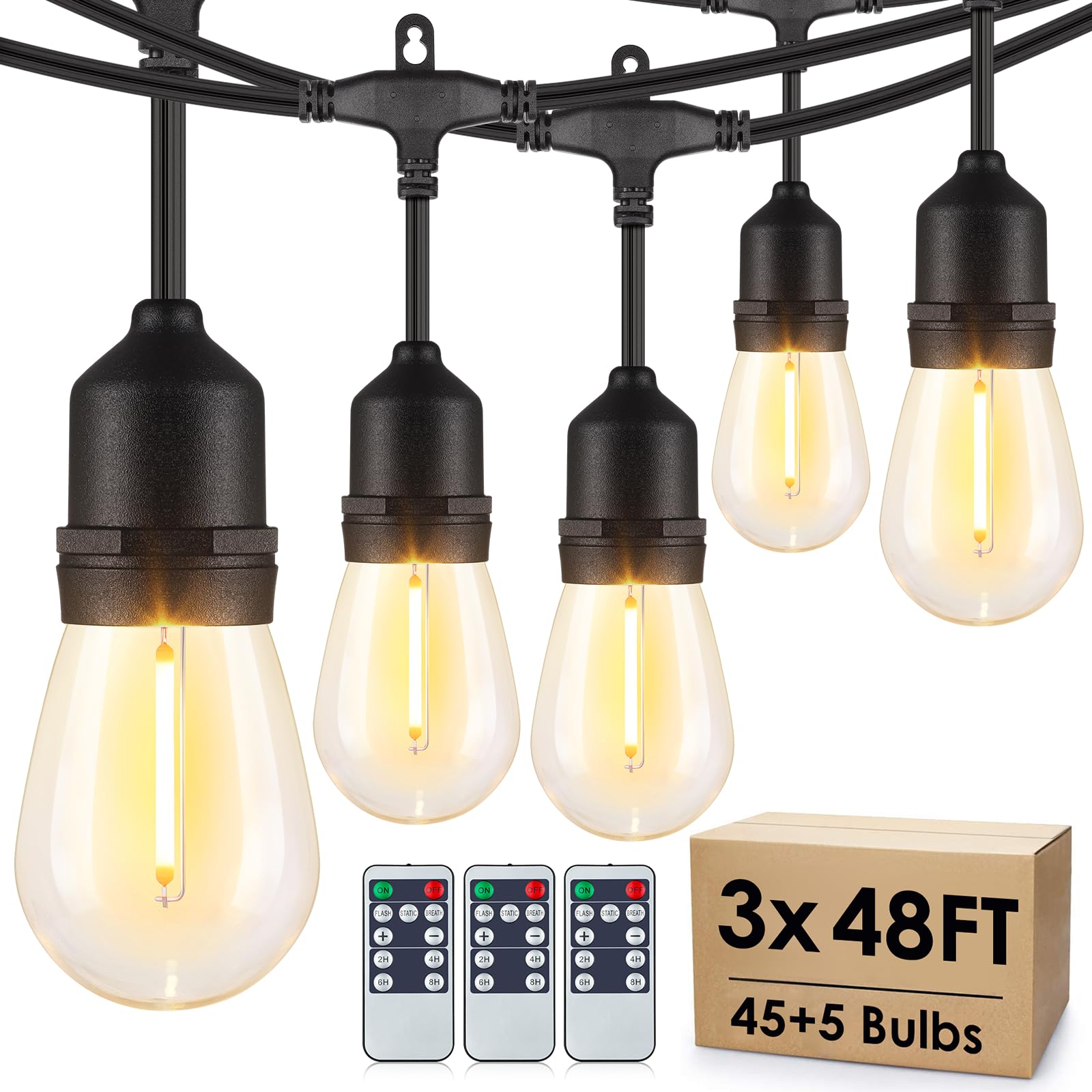 144FT(3 * 48FT) Outdoor String Lights with Remote, Dimmable Patio Lights with 45+5 Linkable Bulbs, 3 Modes 4 Timers for Bistro Cafe, Black 3Pack