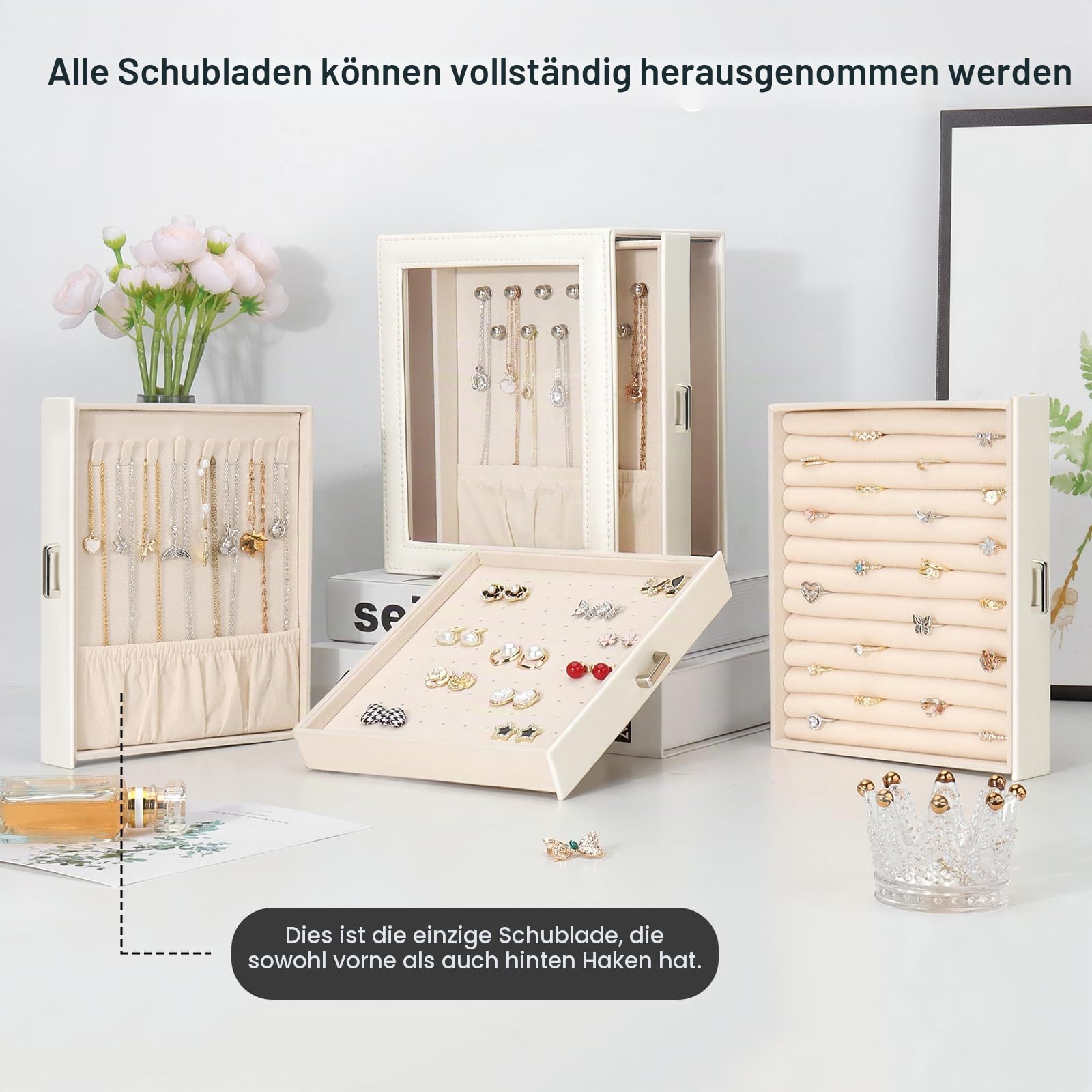 DesignSter Schmuckkästchen, Schmuckschatulle für Damen, PU Schmuckbox mit 4 Seitlichen Schubladen, Schmuckaufbewahrung für Ohrringe, Halsketten, Ringe, Armbänder, Uhren, Beige