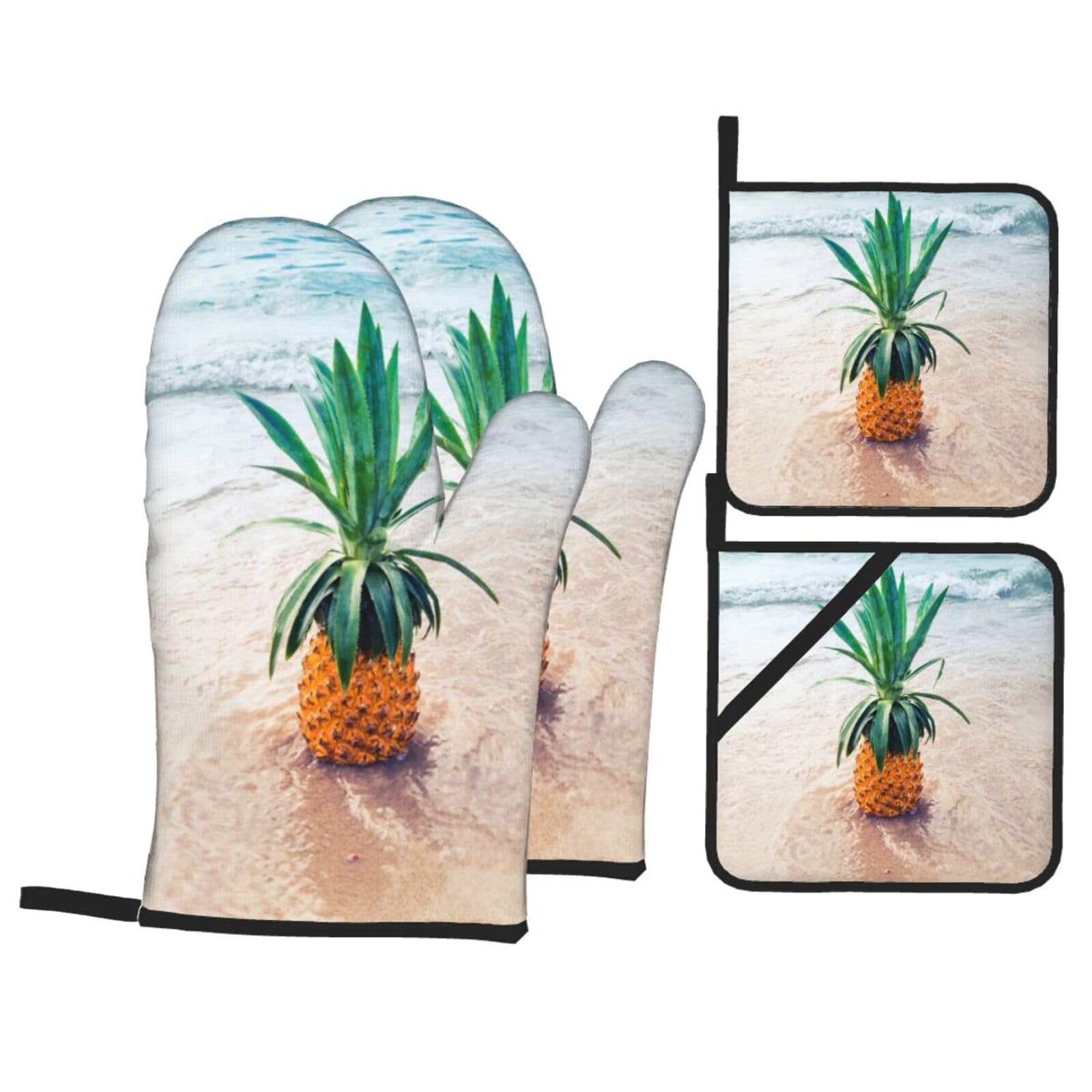 Pineapple By The Sea Print Stylish Heat-Resistant Oven 4-Piece Set Kitchen Gloves Roasting Daily Cooking