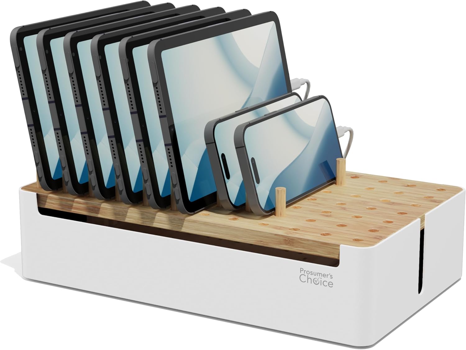 Prosumers Choice Bamboo Charging Station for Multiple Devices - Wooden Charger Organizer with Removable Dividers for Phones, Tablets, and Laptops - 11 Inch Cable Organizer Box - Space-Saving Desk Dock Metal & Bamboo White