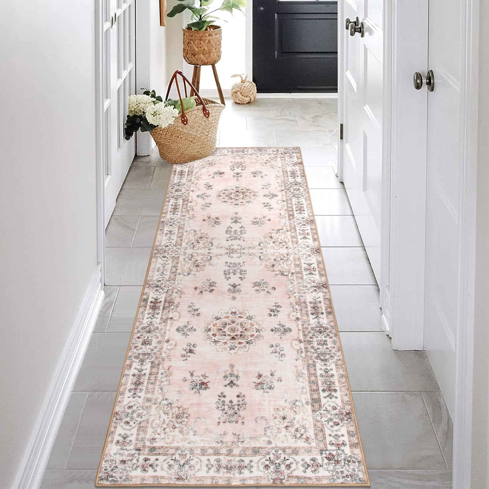 Lahome Pink Runner Rug with Rubber Backing, Boho 2'6"x8' Washable Carpet Runners for Hallways Entryway Non-Slip, Soft Floral Pastel Indoor Mat for Bedroom Kitchen Laundry Bathroom RV