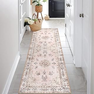 Lahome Pink 2'6"x8' Runner Rugs for Hallway, Europe Vintage Floral Print Washable Runner for Kitchen Bathroom Entryway, Faux Wool Non-Slip Stain Resistant Mat for Floor Protection