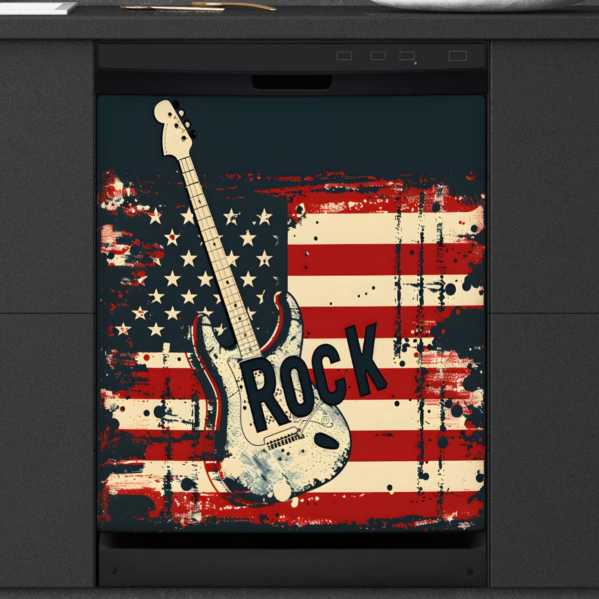 American Flag Music Guitar Dishwasher Magnet Cover for The Front Magnetic Dishwasher Door Covers Dish Washer Sticker Wrap Home Decorative Appliances Panel Decal Kitchen Decor 23" x 26" (Magnetic)