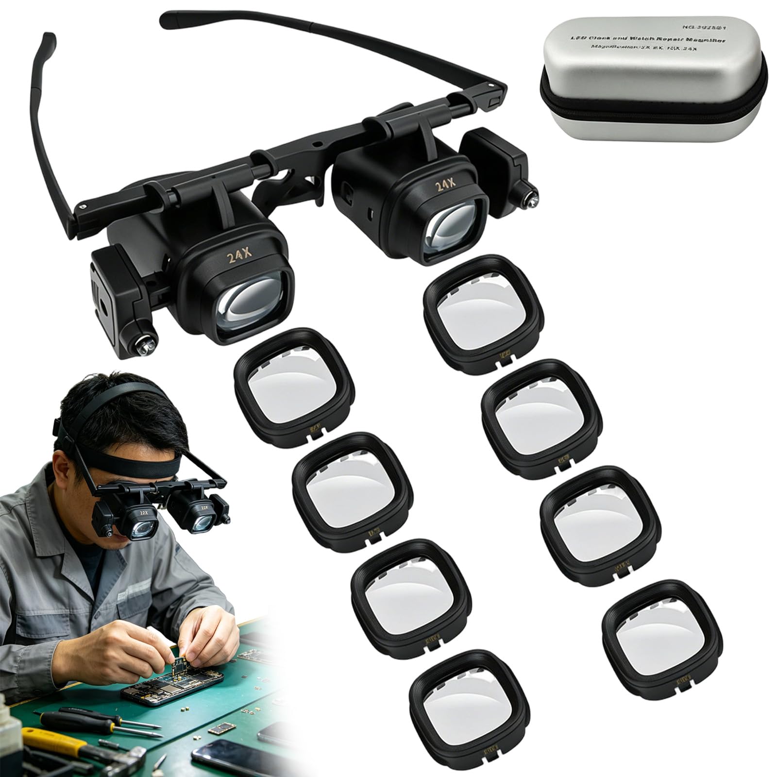 Precision Led Magnifier For Electronics & Crafts,Head Magnifying Glass With Light, 2x-24x Zoom, Hands-Free, Perfect For Soldering, Watch Repair Miniature Painting (2x/6x/10x/24x lenses)