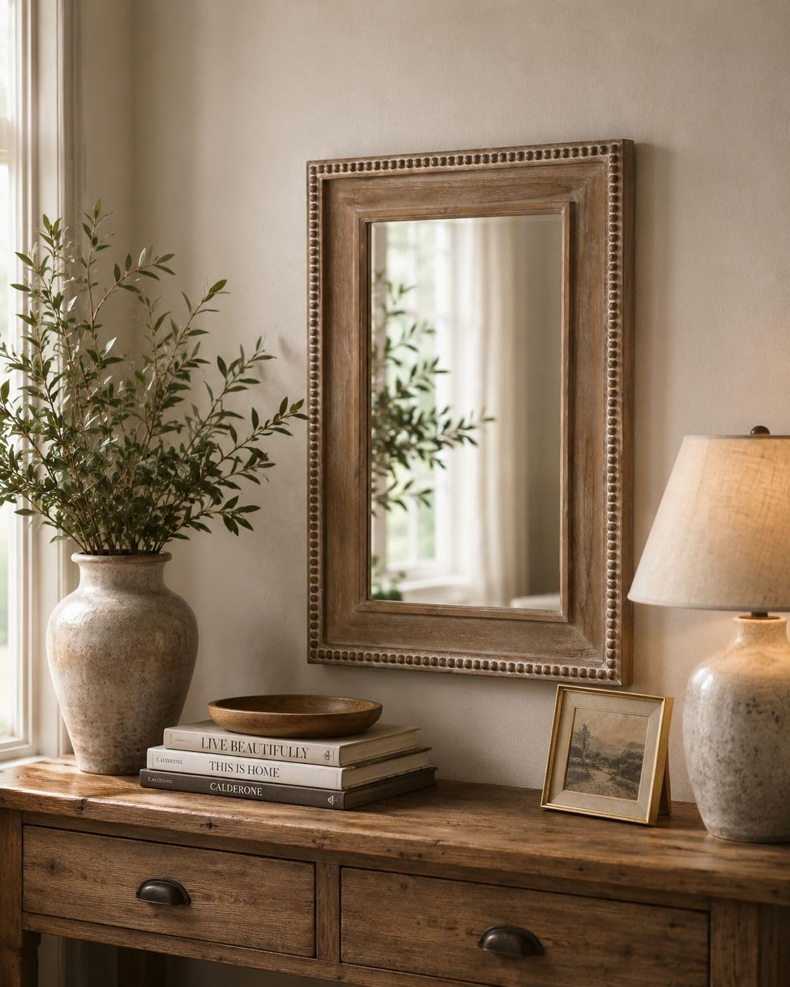 DENCOITRY Antique Brown Wall Mirror, Wooden Frame with Beaded Border, Rustic Natural Finish || 36x24 inches || Without Mirror ||-image-6