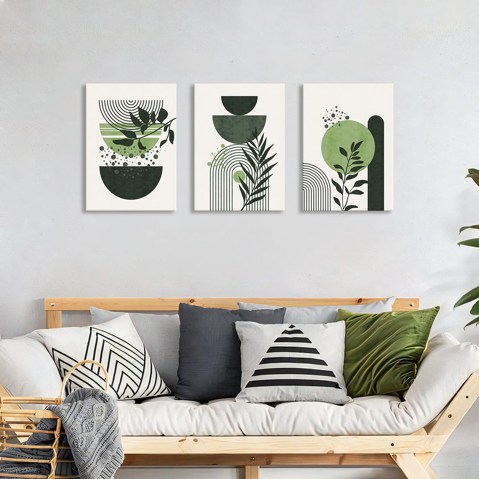 Salvia Verde Poster Da Parete & Stampe, Verde Boho Wall Art Set di 3, Minimalista Cornice Wall Art Geometrica Linea Foglia Sole Luna Beige Verde Tela Opera D'arte Dipinti