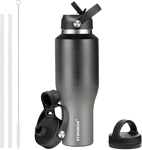 Miniatura 9 de HYDROWION Botella de agua aislada, botellas de agua de 32 onzas con tapa con popote, tapa de boquilla y tapa flexible, frasco de 32 onzas (frío