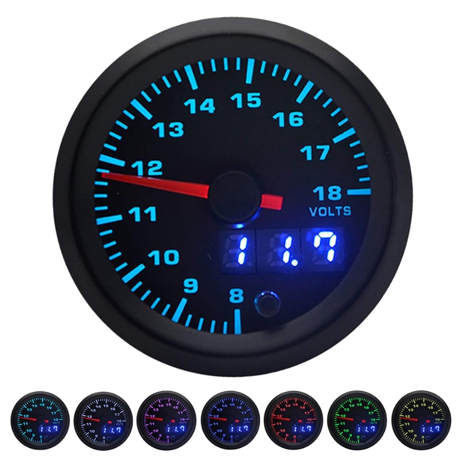 Digital Voltage Gauge Pointed Voltmeter 52mm 2in 7 Colors LED for 12V Racing Car High Sensitivity with Stepper Motor Safe ABS Material Round Automobile Accessory
