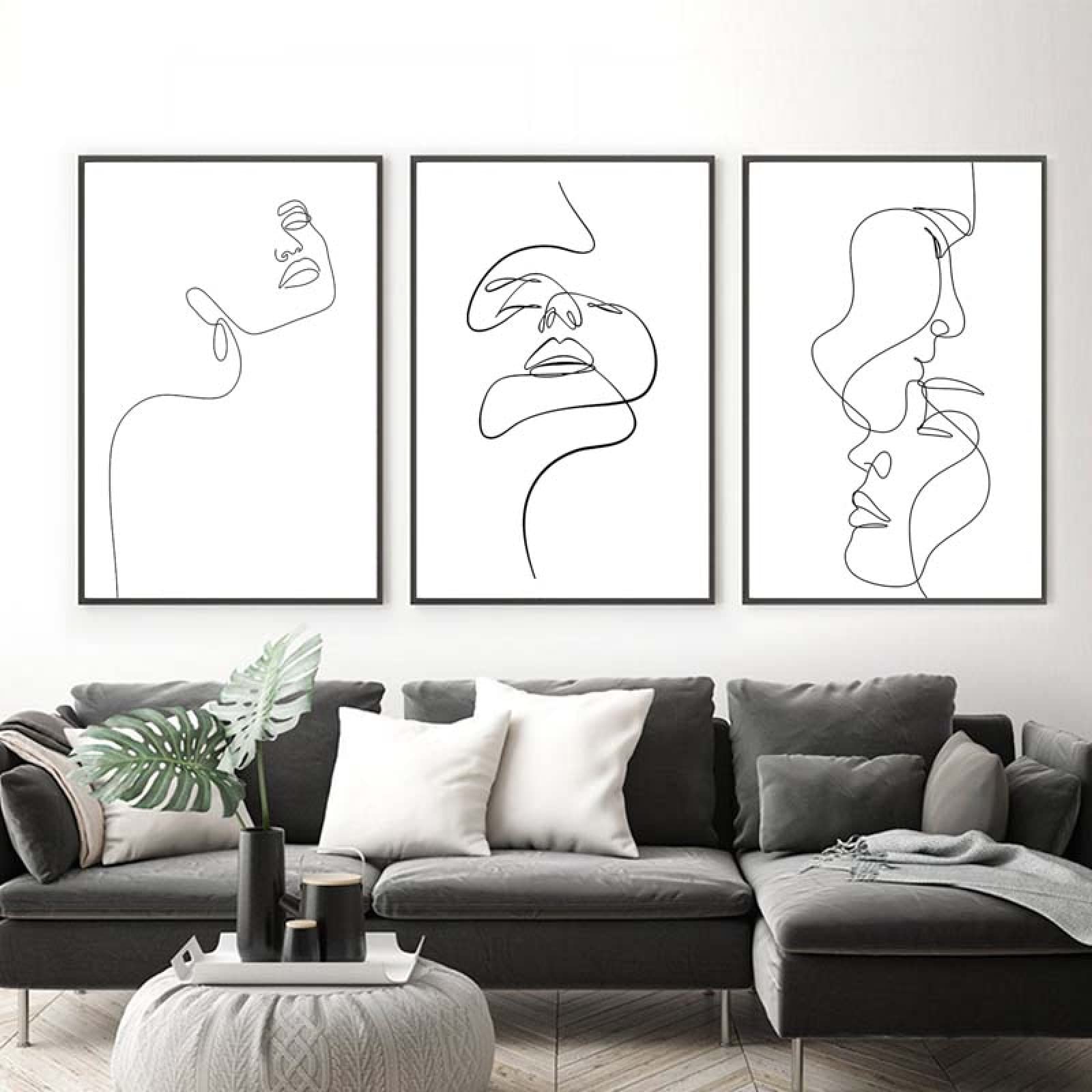 Tableau Abstrait Ligne Continue Femme Nordique - Set De 3 Toiles 40x60cm Sans Cadre - Décoration Murale Moderne