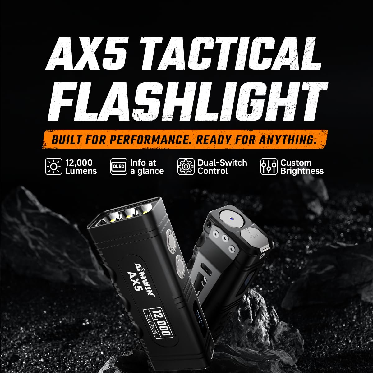 AIMWIN AX5 Linterna LED 12000 Lúmenes Recargable Alta Potencia con Modo TURBO Carga Rápida USB-C Impermeable IP68 Linterna Táctica con Pantalla OLED Rapid Lock