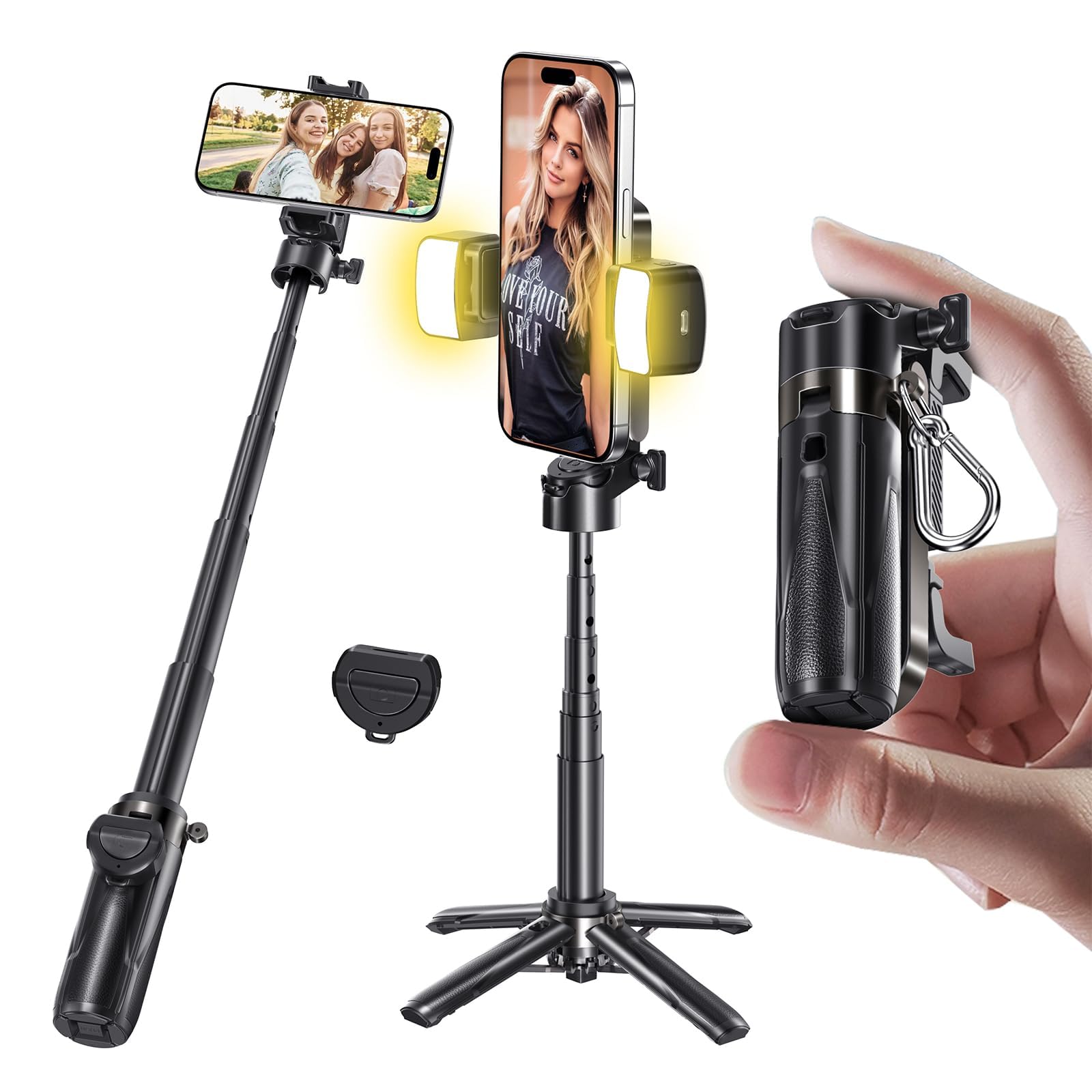 Phone Tripod, Portable Selfie Stick, Pocket Size Tripod for iPhone, Selfie Stick with Detachable Remote Control & 2 Fill Light for Photograph, Live Streaming, Video Recording