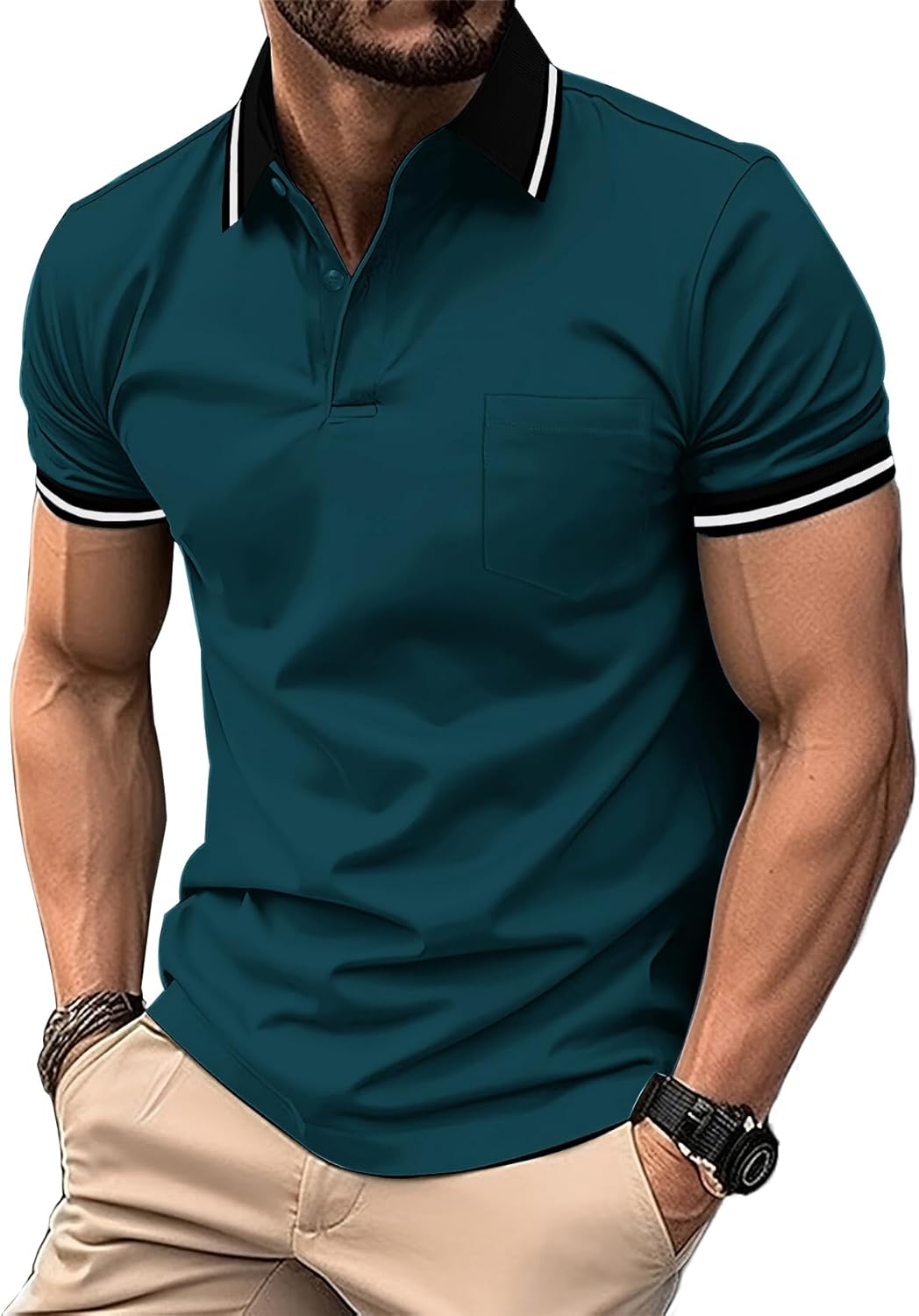 ZITY Mens Polo Shirts Casual Short Sleeve Athletic T-Shirts Classic Contrast Collar Shirt with Pocket