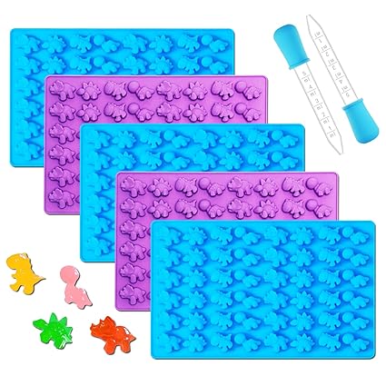 Alimat PluS Dinosaur Shapes Gummy Molds Set, 5 PCS Silicone Candy Molds with 2 Droppers, 240-Cavity Candy Molds
