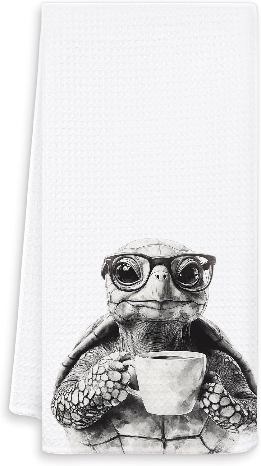 Funny Turtle Kitchen Towels, Turtle Gifts for Women Men Dish Tea Towels, Black and White Animal Lover Gifts Hand Towel for Kitchen, Coffee Bar Station Decor, 16x24 Inch