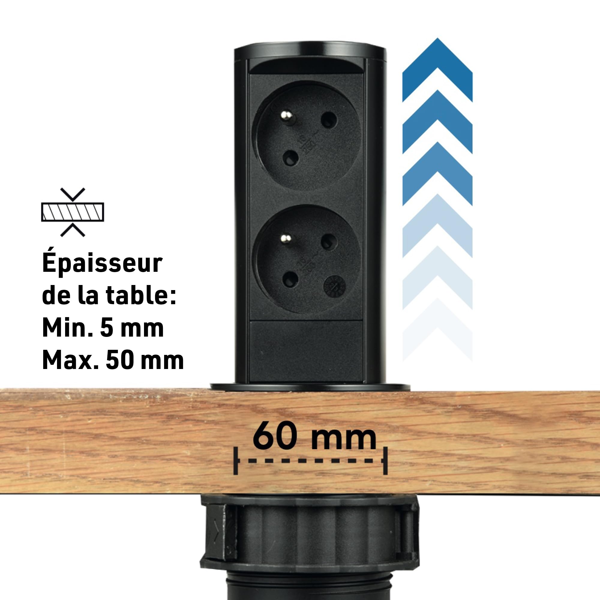 Electraline 35464 Listwa zasilająca zwijana z 2 gniazdami francuskimi, standardowa średnica 60 mm, gniazdo wpuszczane do kuchni i biura, obudowa ze stali nierdzewnej w kolorze czarnym