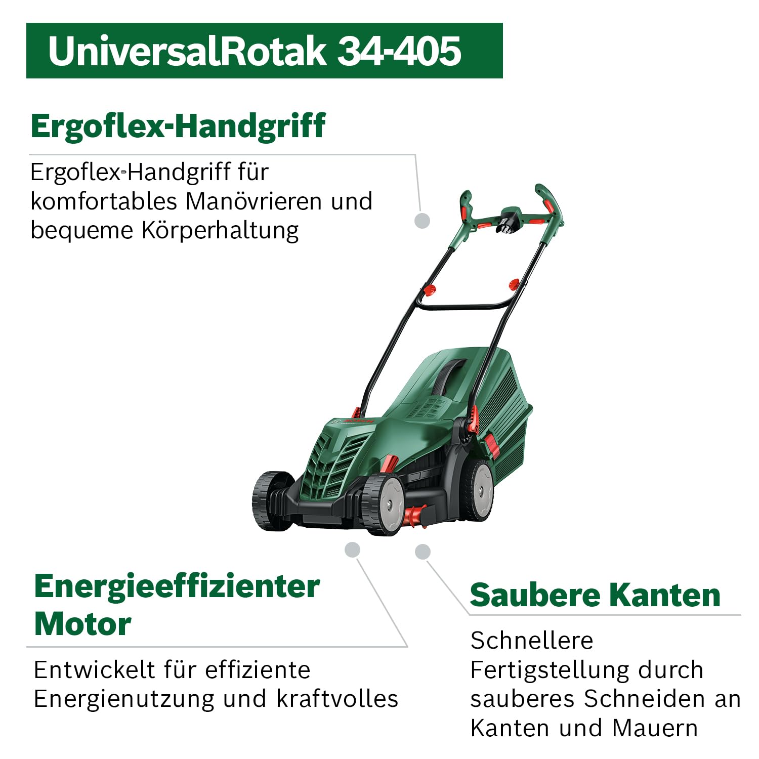 Bosch kabelgebundener Rasenmäher UniversalRotak 34-405 (1300-W-Motor, Schnittbreite: 34 cm, 40-Liter-Grasfangkorb, geeignet für ebenes Rasenmähen und Schneiden Kleinster Kanten)