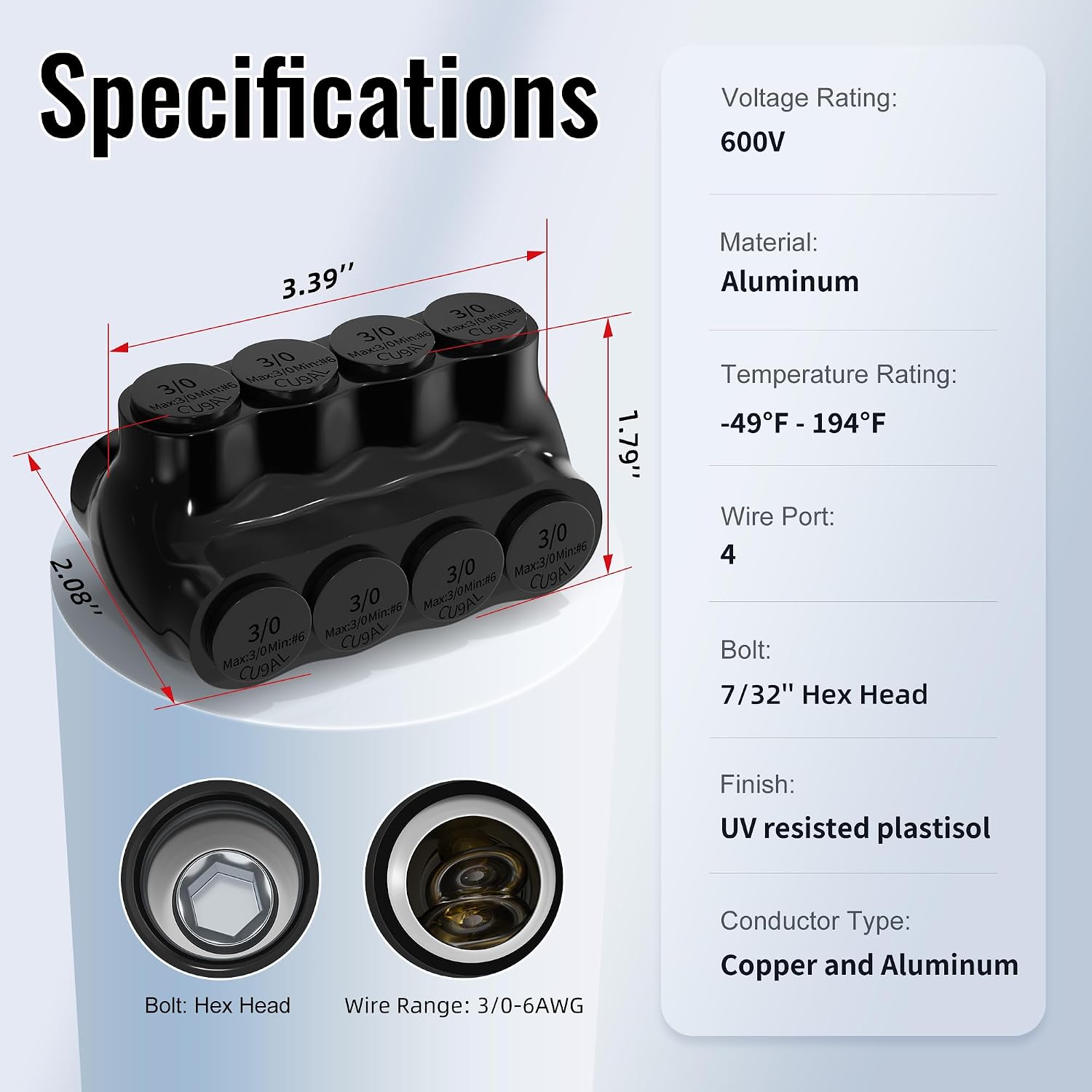 RVBOATPAT Insulated Tap Connector 4 Port Dual Entry 3/0-6 Gauge Electrical Power Connectors 7/32" Allen Hex Aluminum Wire Connector - 6 Pack