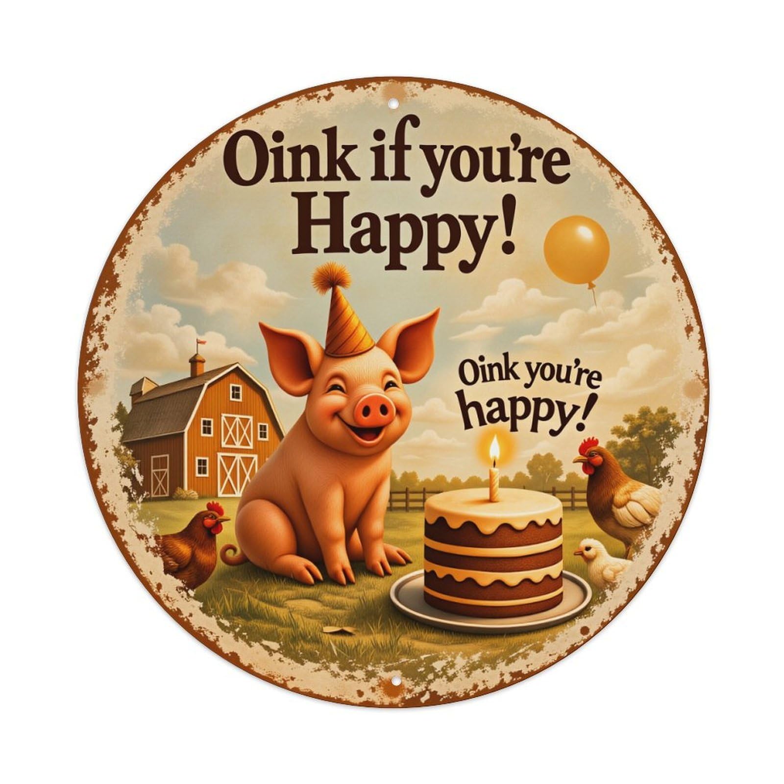 Pig Birthday Cake Barn Animals Round Tin Sign Vintage Style Metal Sign Home Bar Garden Wall Plaque Decor Metal Poster 8x8 Inch