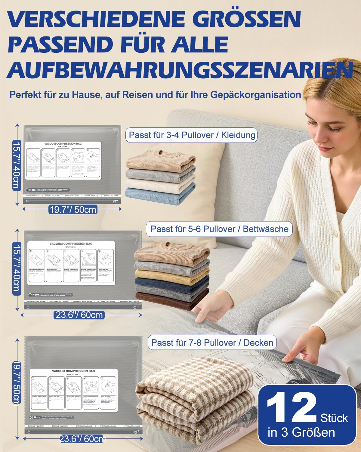 Fantictas Vakuumbeutel mit Pumpe, 12er Set für Kleidung und Reisen | Für Reise, Kleiderschrank und Bettwäsche, 3 Größen, doppelt versiegelt, wiederverwendbar, schützt vor Staub und Nässe