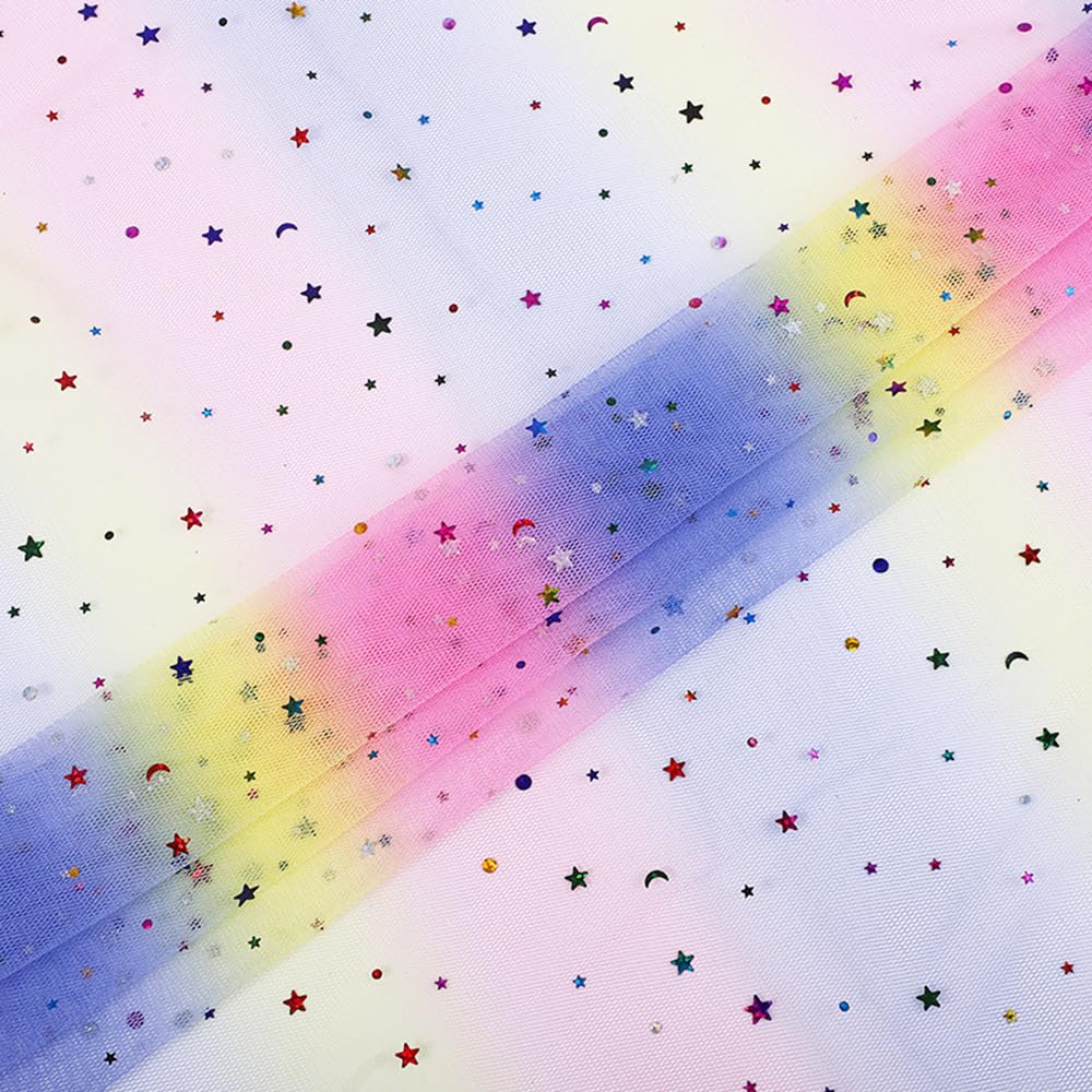 25 Yards Regenbogen Tüllstoff 150cm Breit Glitzer Stern Mond Pailletten Netzstoff Funkelnder Mesh Spitzenstoff Organzastoff zum Nähen Dekostoff für DIY Basteln Hochzeit Party Hintergrund Kleid