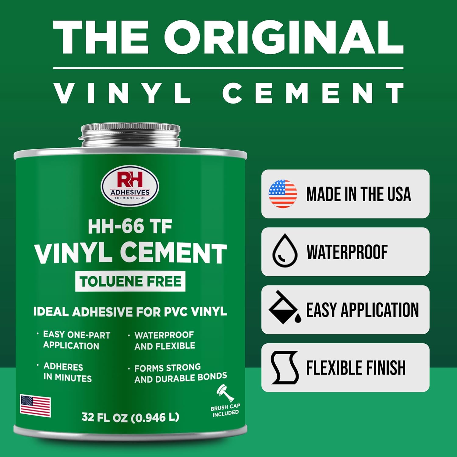 HH-66 Toluene Free Vinyl Cement 32 oz - Vinyl Adhesive, Cement Glue, Industrial Contact Cement for PVC & Vinyl Repair - Waterproof Flexible Vinyl Glue for Tarps, Pools, Inflatables – RH Adhesives