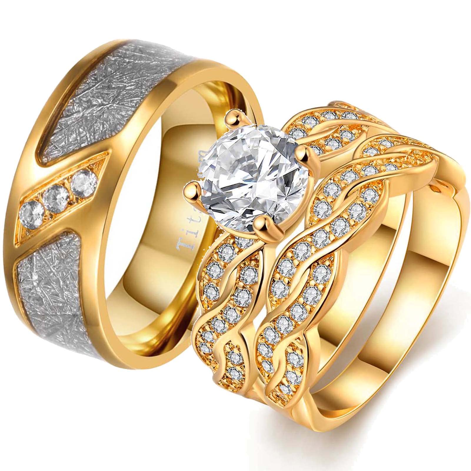 ringheart Couple Rings Matching Ring 1.5ct CZ Gold Plated Women Wedding Ring Sets for Him and Her His Her Ring Sets