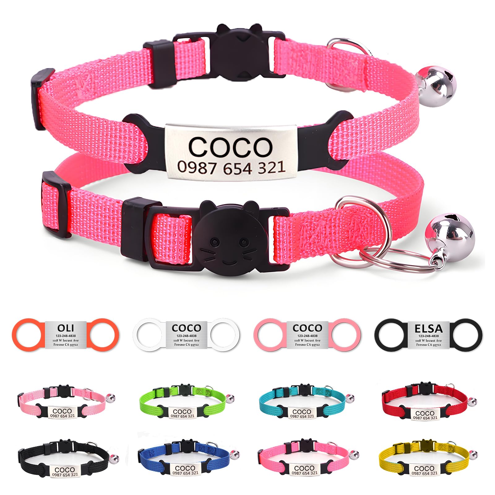 Personalized Cat Collar with Sliding ID Plate - Adjustable Size, Customizable with Name and Phone, Ideal for Different Types of Cats (Pink)