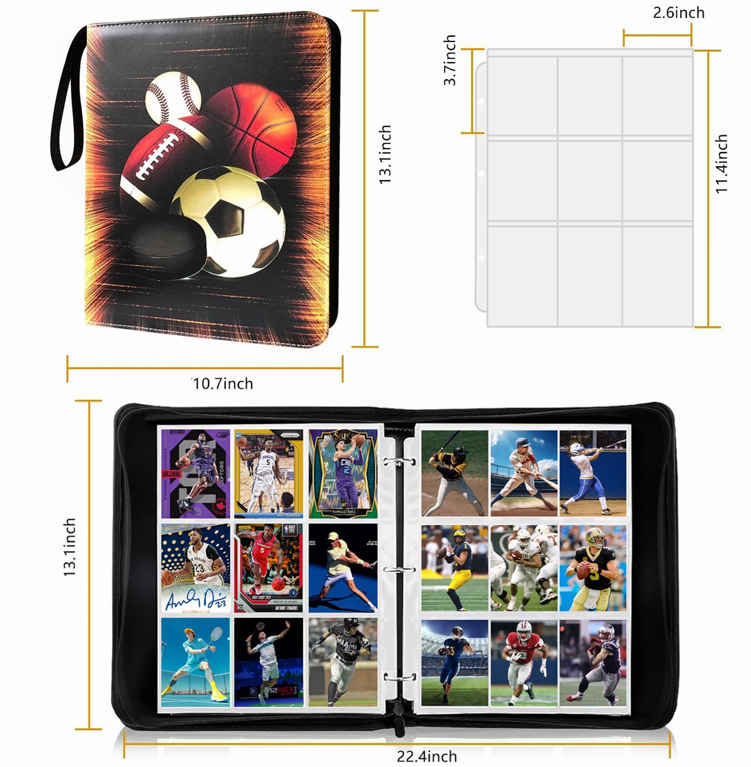 Carpeta de tarjetas coleccionables con 1080 bolsillos con cremallera, 60 páginas extraíbles de 9 bolsillos para tarjetas deportivas (fútbol, béisbol, baloncesto, fútbol), TCG y tarjetas de juego