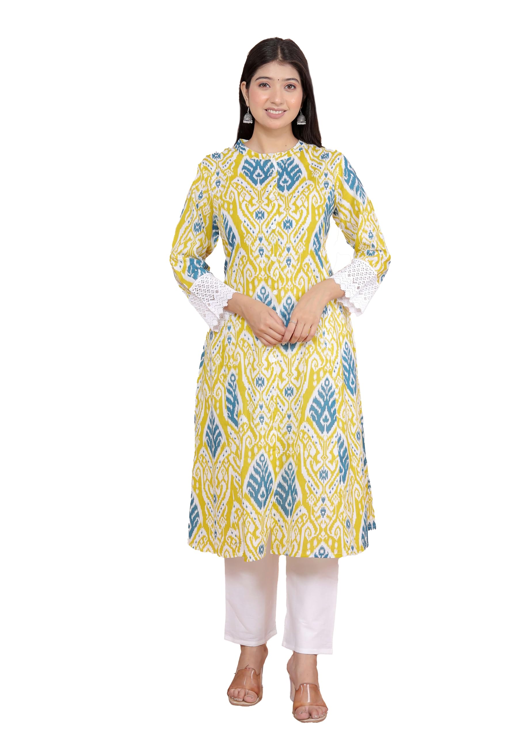 Women's Cotton Printed Mandarin Collar A-Line Kurti with Pant (Lemon)-image-49