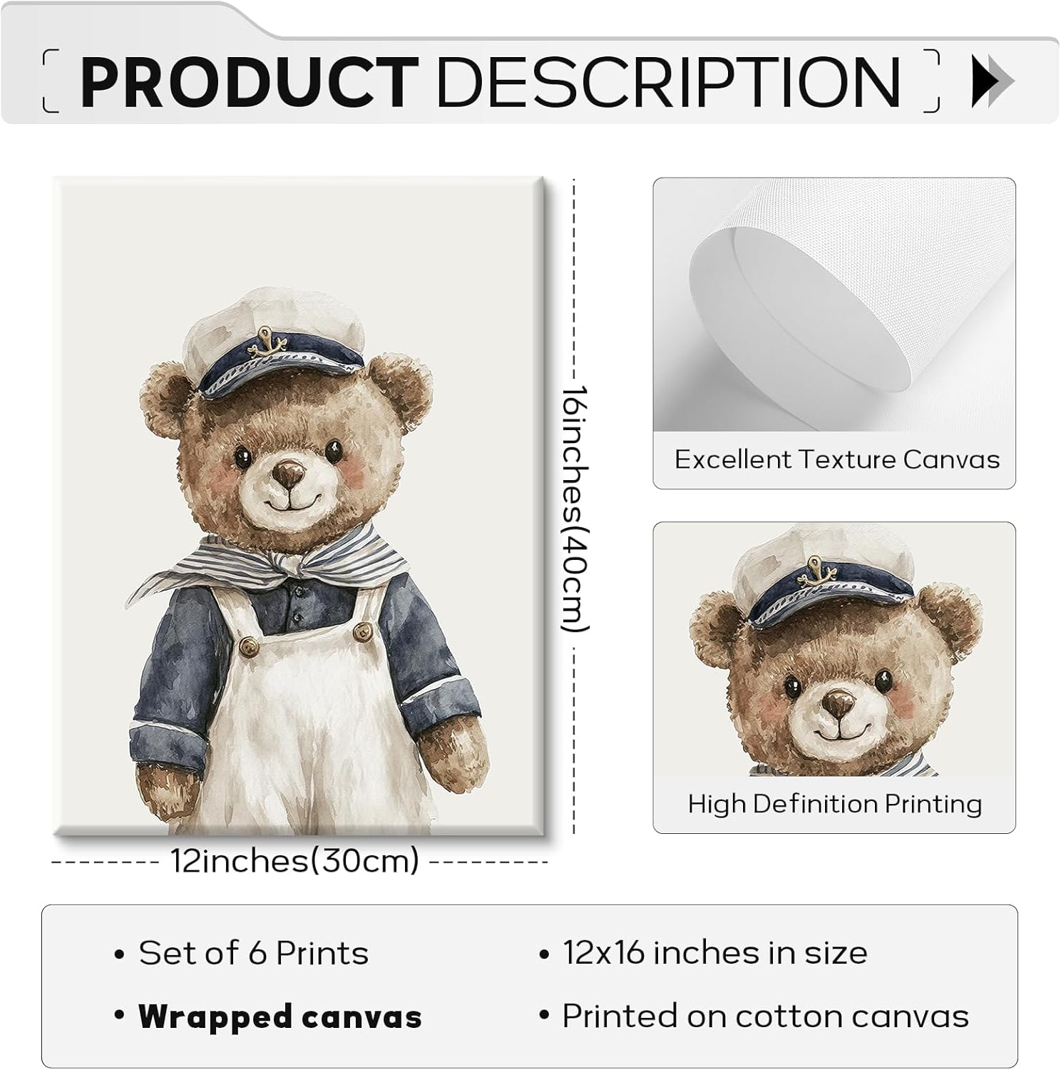 Teddy Bear Nursery Wall Art Baby Boys Room Canvas Poster Vintage Nursery Wall Decor Kids Coastal Prints Sailor Bear Pictures Nautical Sailboat Painting Artwork for Bedroom 12x16 Inch Ready to Hang