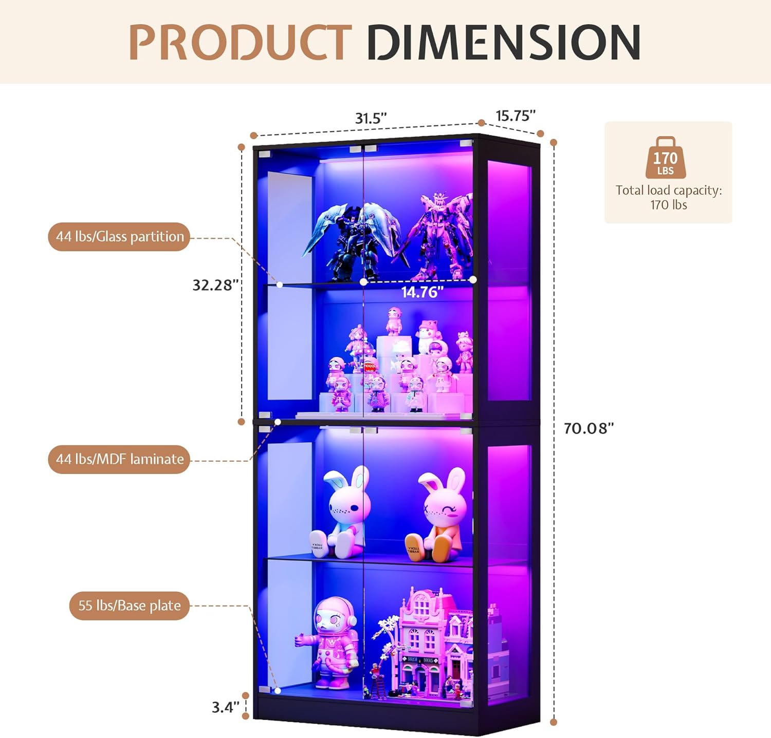open view of display cabinet with glass doors showing adjustable shelves and tempered glass