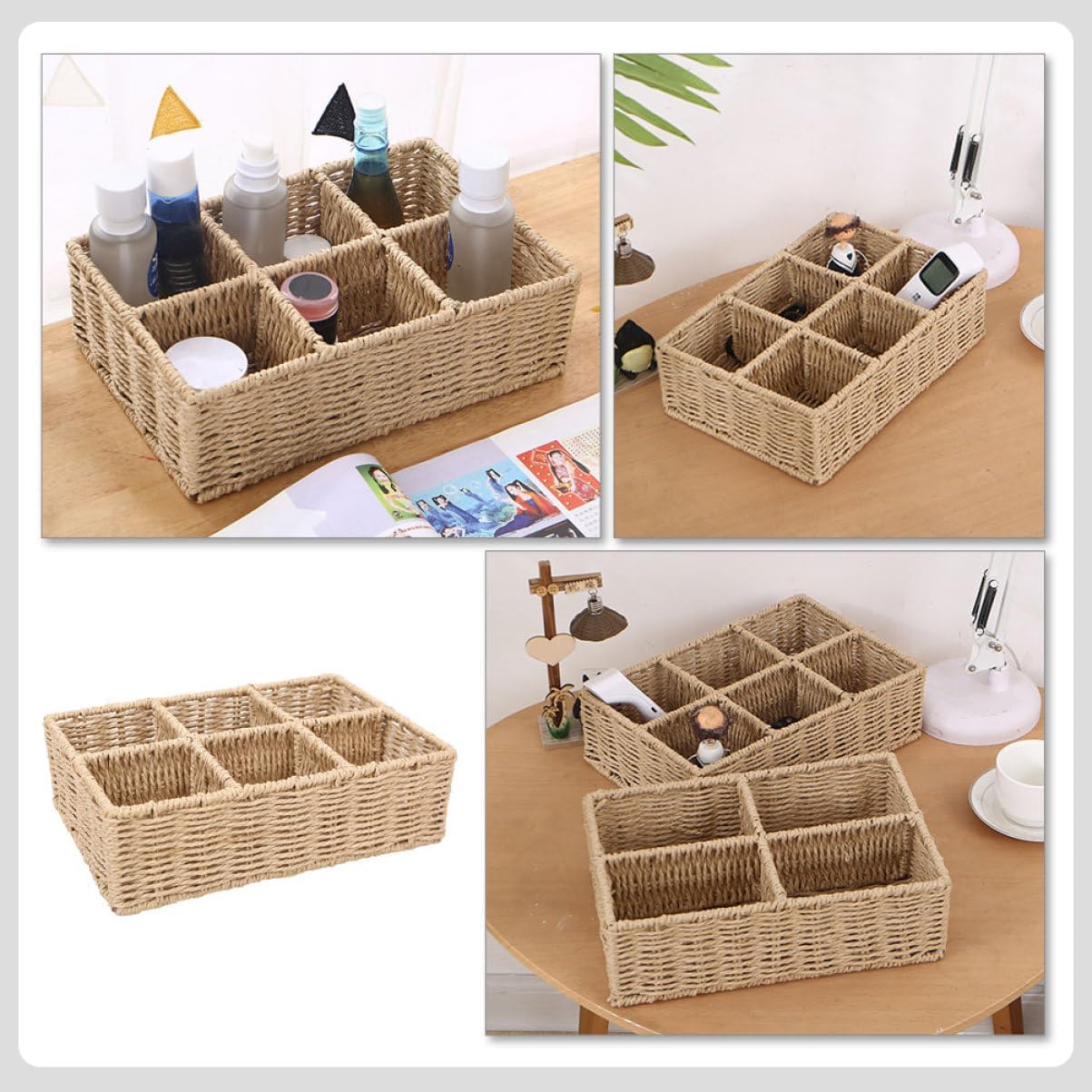 6grids Multi-grid Basket for Organizing Makeup Storage Desktop Organizer Natural