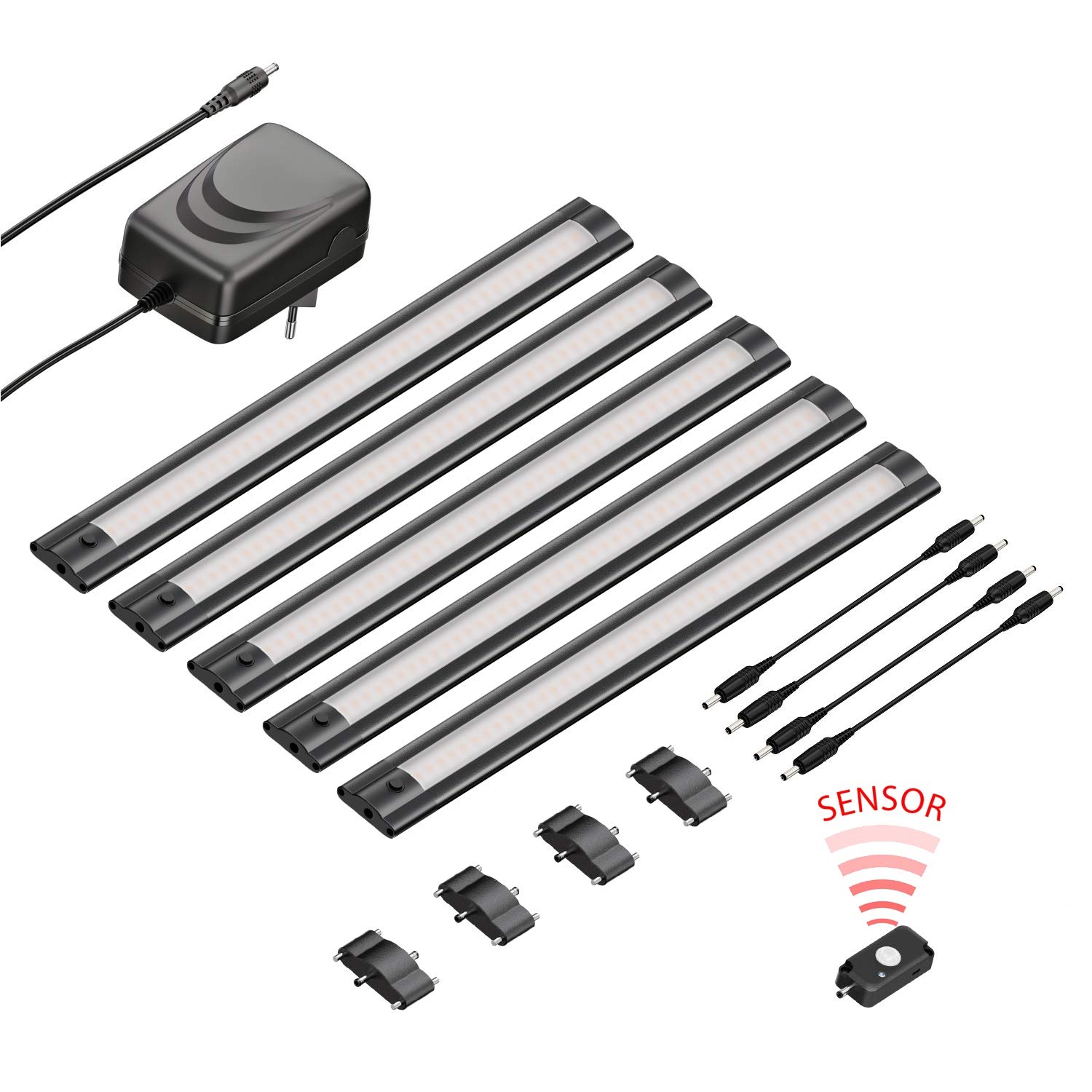ledscom.de 5er Set LED Unterbau-Leuchte SIRIS schwarz matt mit Bewegungsmelder, flach, je 30cm, je 368lm, warmweiß