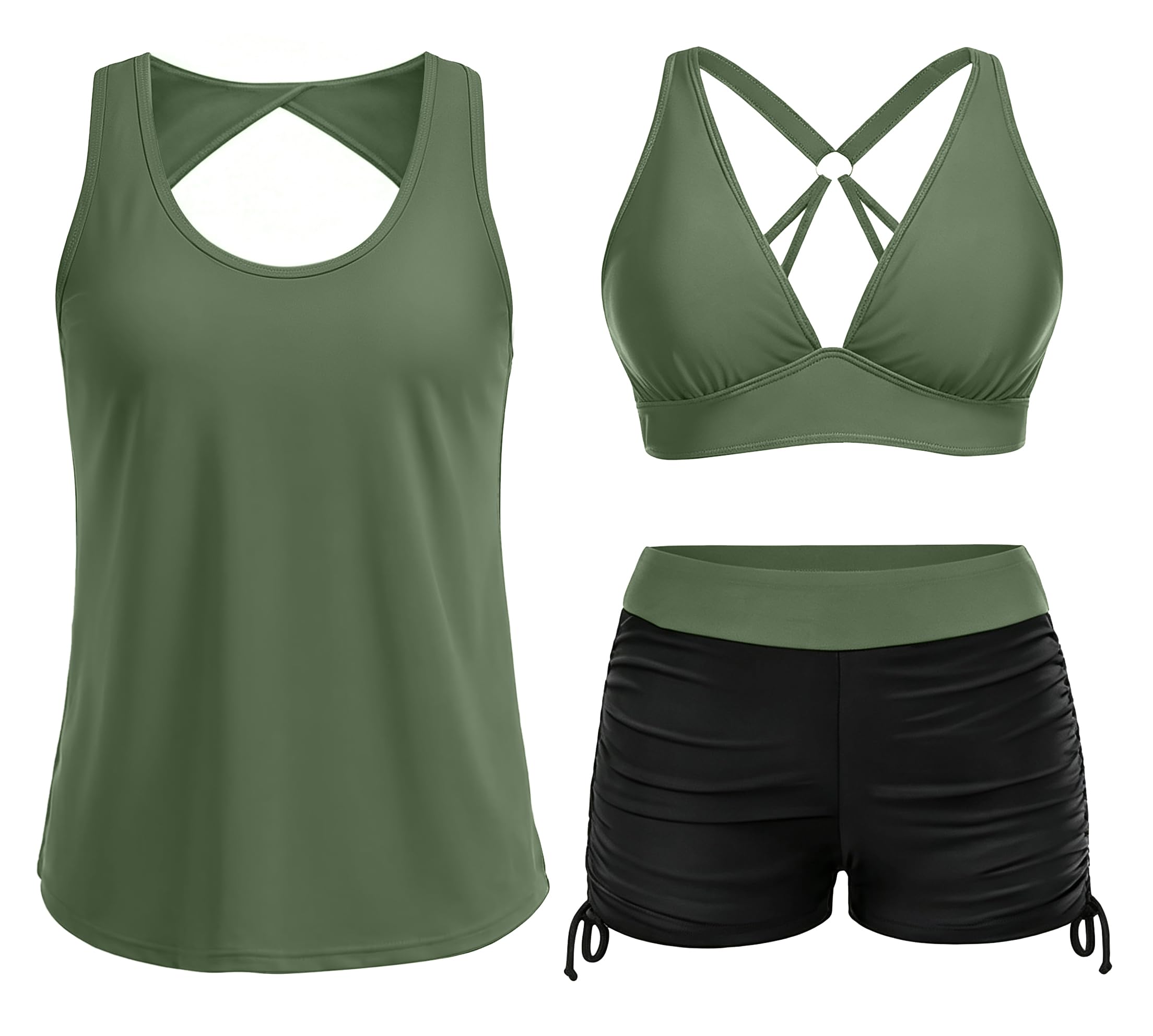Yonique 3 Piece Tankini Swimsuits for Women Swim Tank Top Bathing Suits with Boy Shorts and Bra Athletic Swimwear