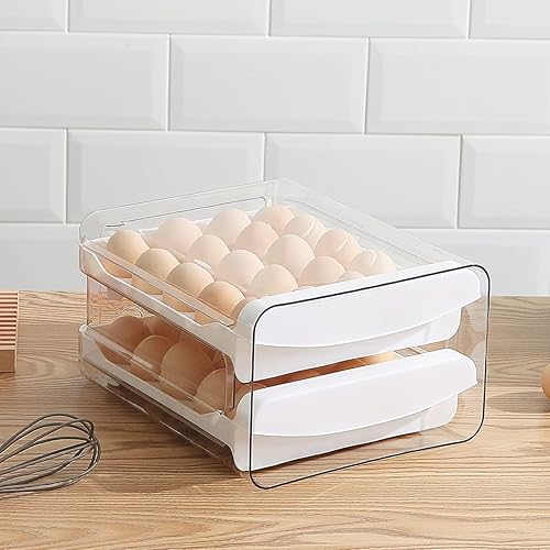 Miniatura 5 de HOMQUEN Soporte para huevos, plástico transparente, bandeja para huevos de 2 capas/40 rejillas y caja de almacenamiento fresca para refrigerador