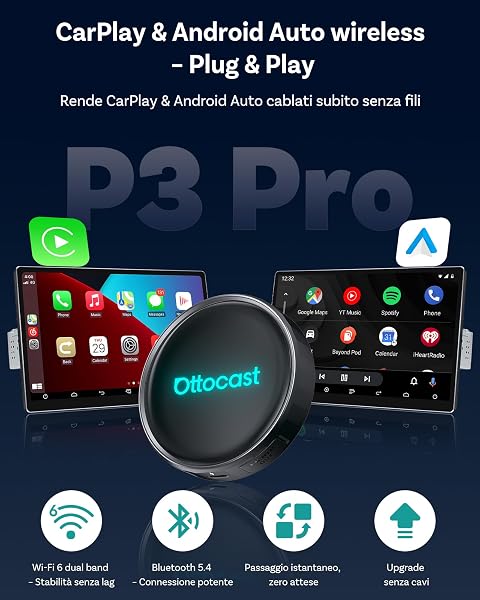 Ottocast P3 Pro, adattatore CarPlay e Android Auto wireless con Android 13, Snapdragon SM6225, 8GB RAM + 128GB ROM, HDMI 1080P, WiFi 6, schermo diviso e assistente vocale AI, compatibile dal 2016 - 4