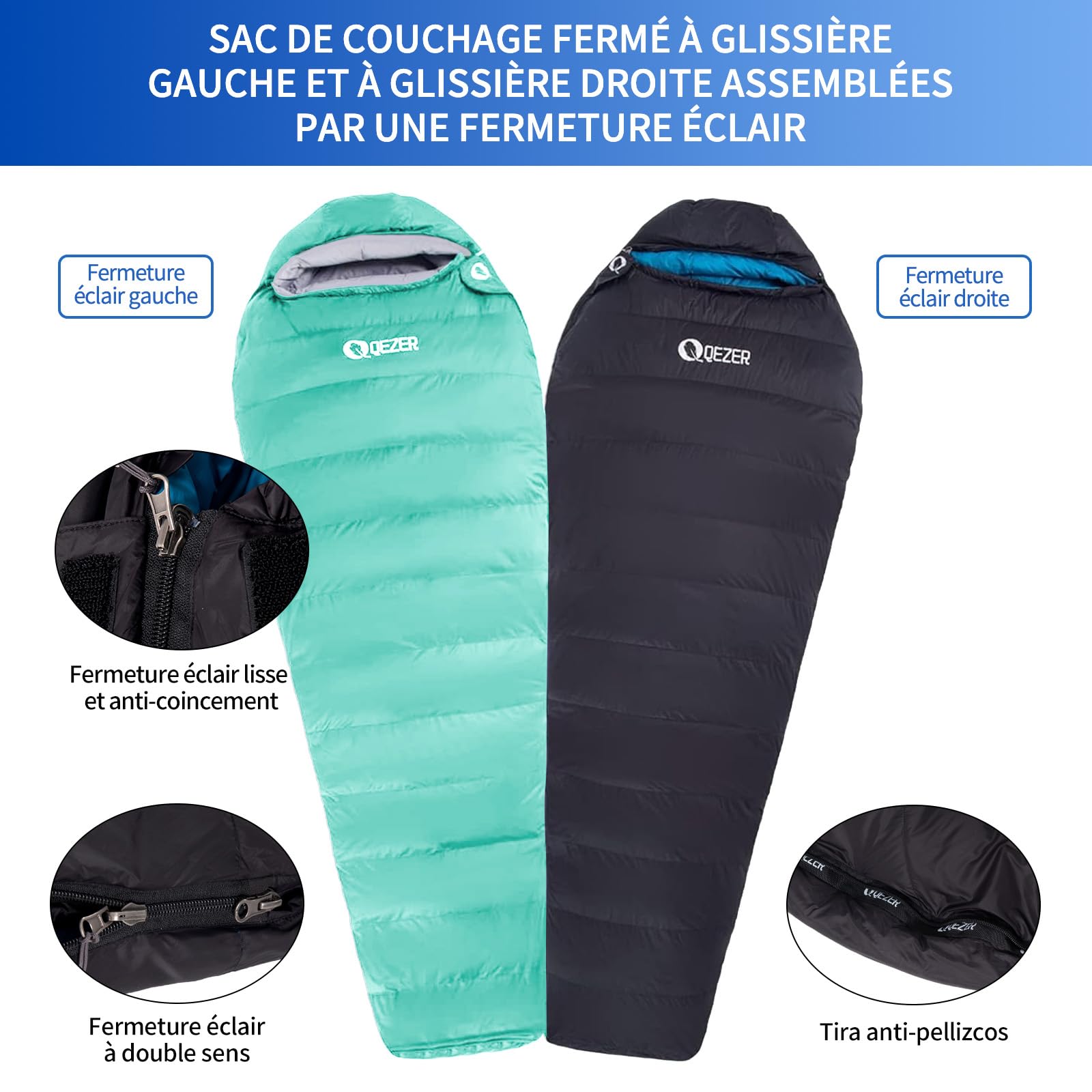 Sac de Couchage Adulte, Sac de Couchage 0 degré, Grand Froid, 600 FP Down,Certification RDS .Idéal pour Le Camping, la randonnée et Le Trekking