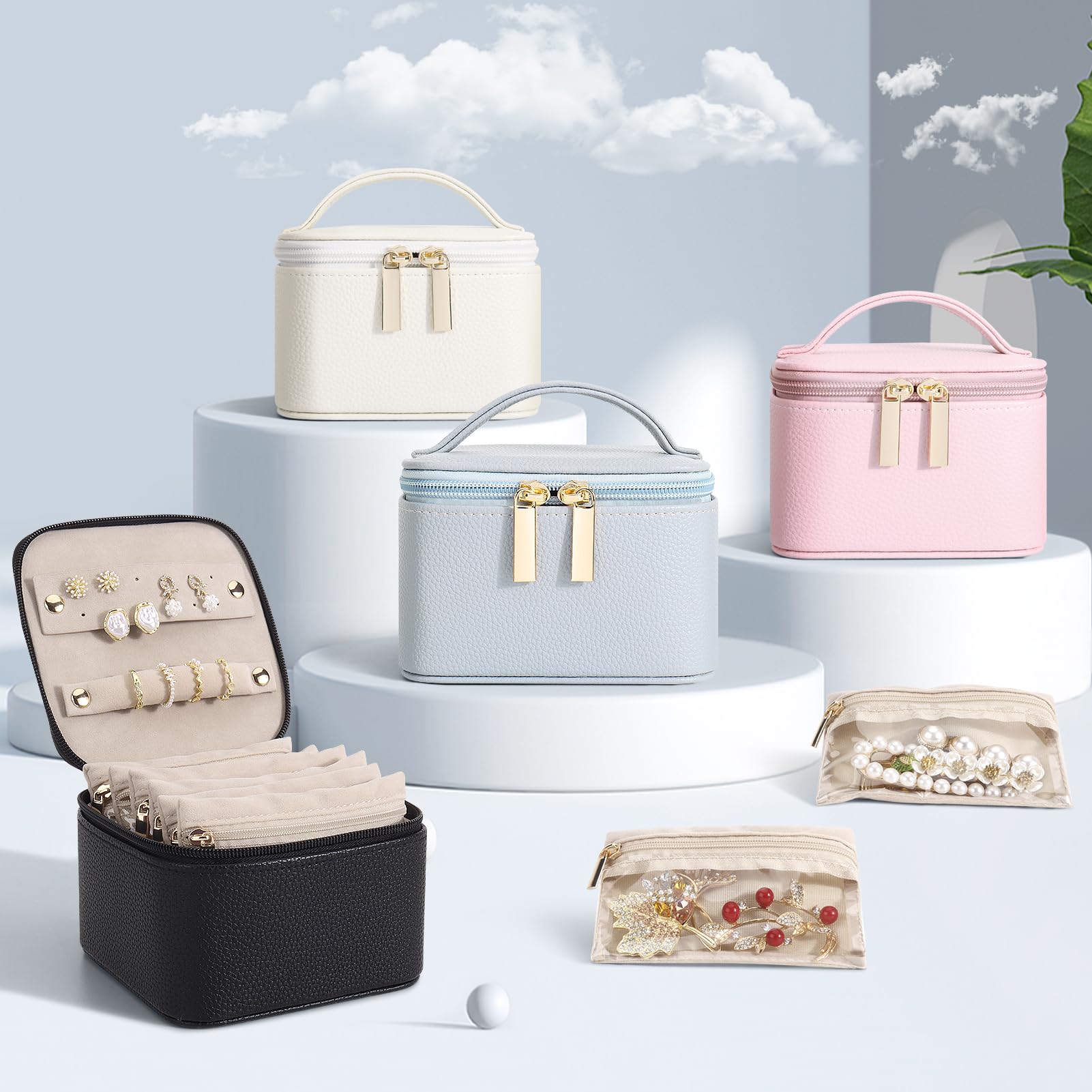 DesignSter Estuche Organizador de Viaje para Joyas, Joyero Pequeño de Poliuretano con 6 Bolsillos Transparentes, Almacenamiento para Aretes y Anillos