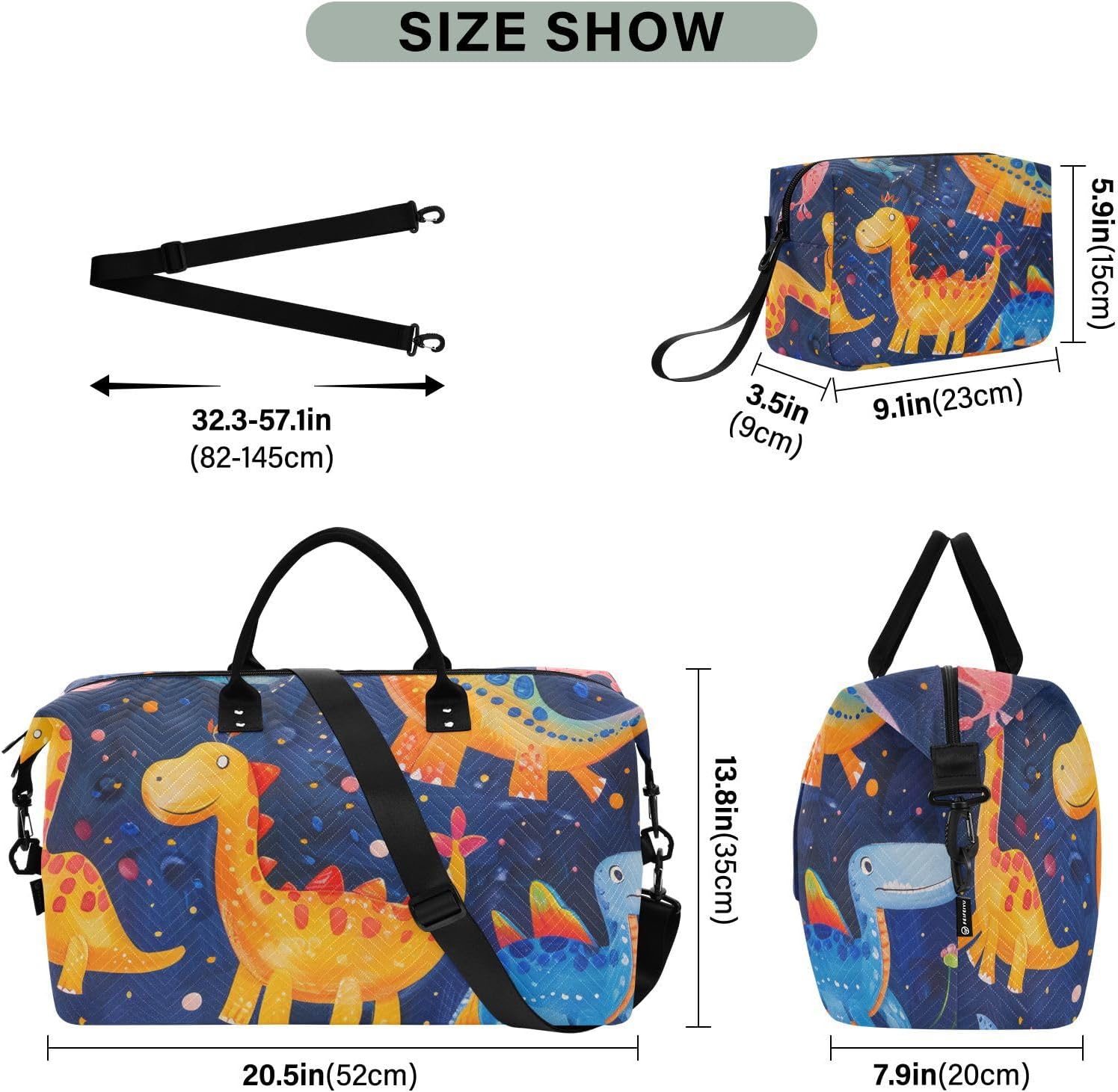 Cute Colorful Dinosaurs Large Bag Travel Weekender Gear Bag Gym Tote Bag with Adjustable Strap for Sports Waterproof