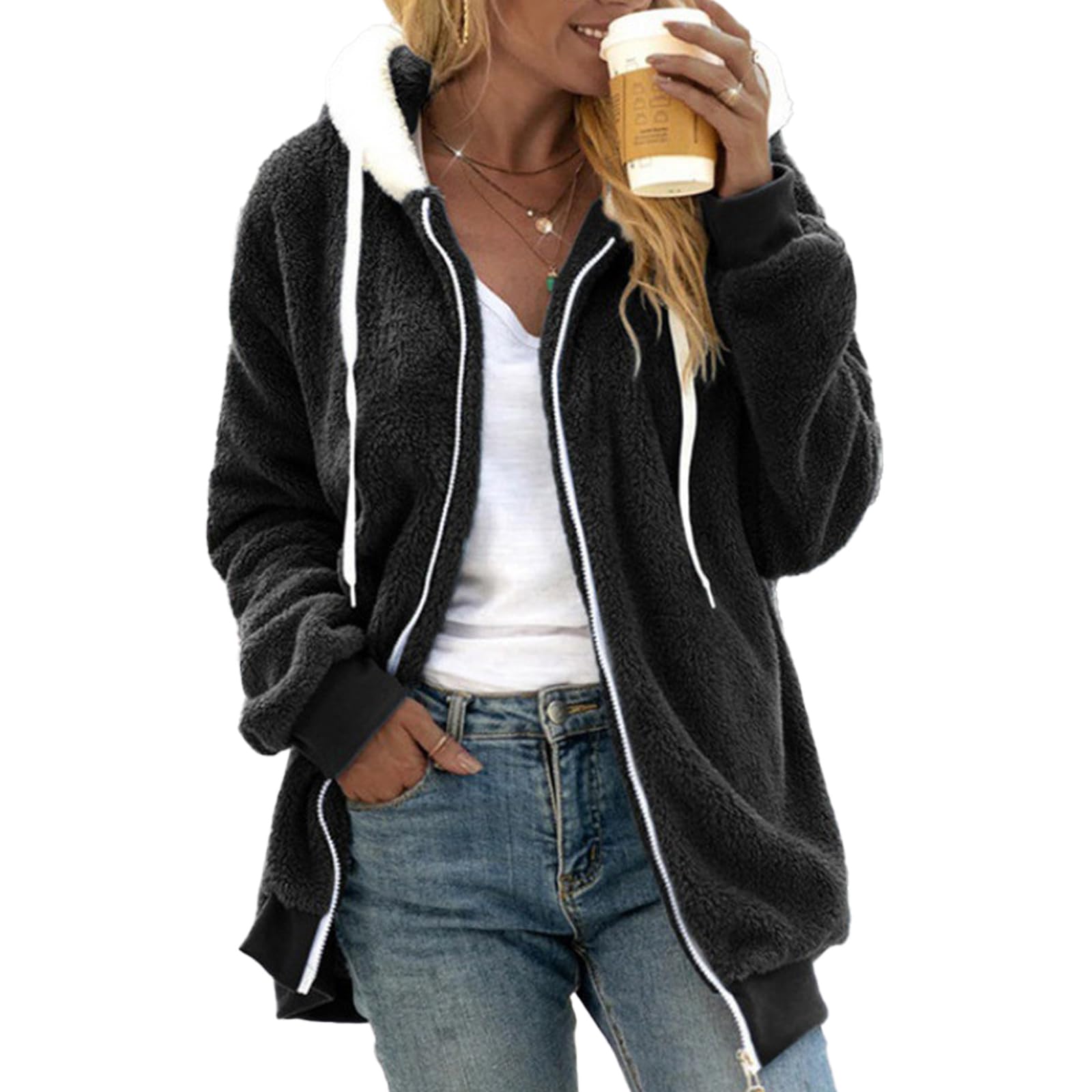 Gxjixf Women's Black Winter Plush Coats For Fleece Jackets, Warm Sherpa With Pockets (,3Xl)
