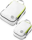 Compression Packing Cubes Set for Carryon Travel-Lightweight Durable Luggage Organizer Bags with Double Zipper by TRIPPED Travel Gear (2 Piece, White/Green) - 1
