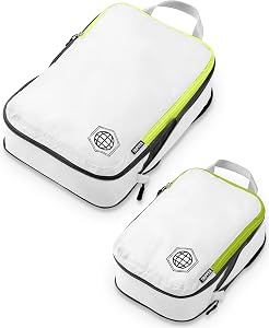 Compression Packing Cubes for Travel - Luggage and Backpack Organizer Packaging Cubes for Clothes by TRIPPED Travel Gear, White and Green - 2 Piece, 2 Piece