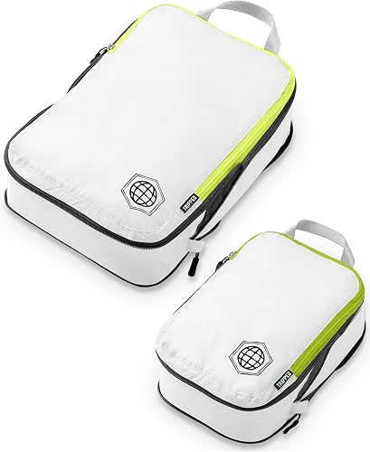 Compression Packing Cubes Set for Carryon Travel-Lightweight Durable Luggage Organizer Bags with Double Zipper by TRIPPED Travel Gear (2 Piece, White/Green)