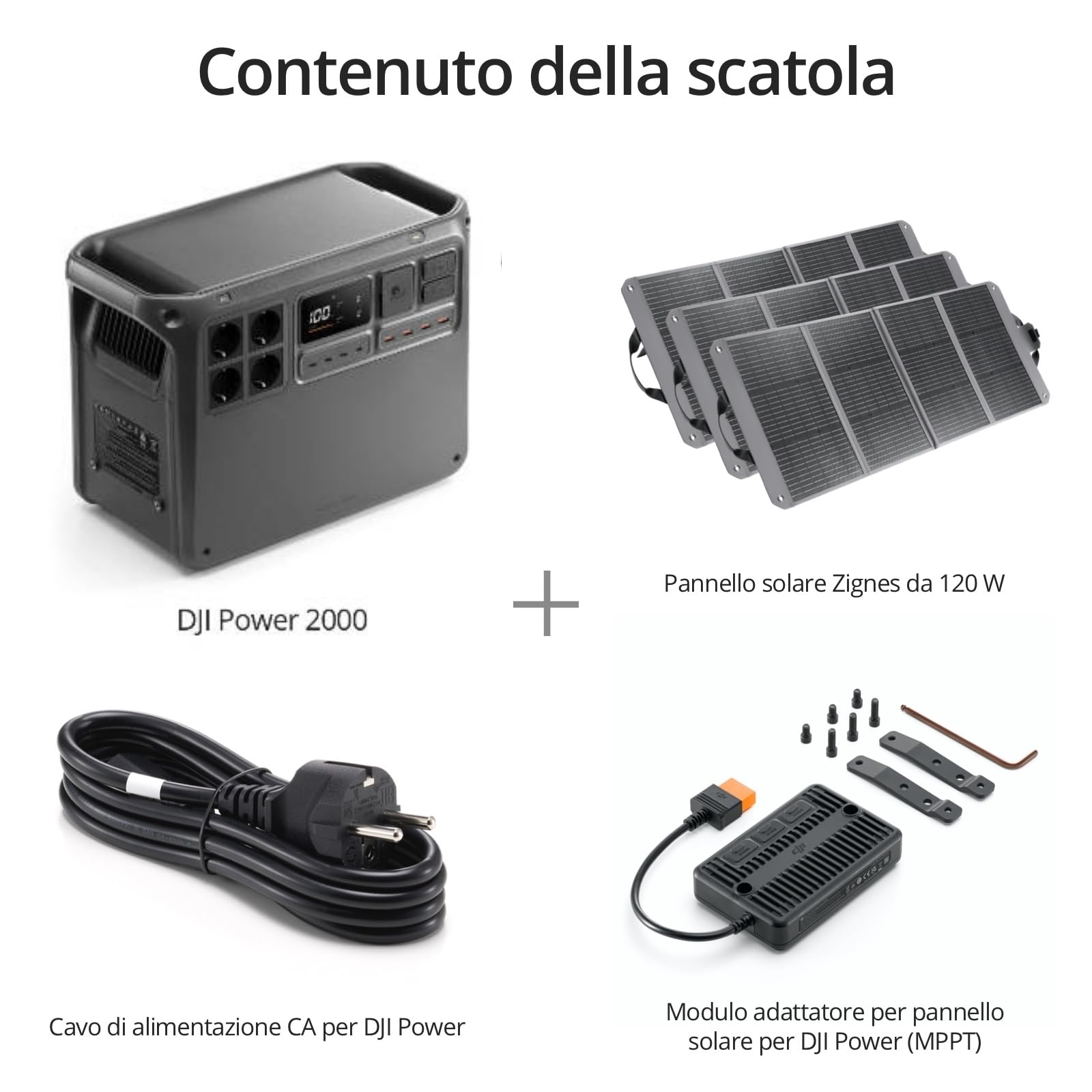 DJI Power 2000 Power Station portatile 2048 Wh, generatore solare da 3000 W con 3 pannelli solari da 120 W (zignes), 1 controller MPPT, unità di emergenza per casa, campeggio/camper.