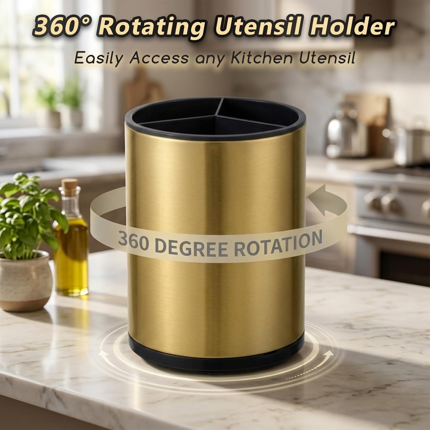 360° Rotating Stainless Steel Kitchen Utensil Holder, Gold