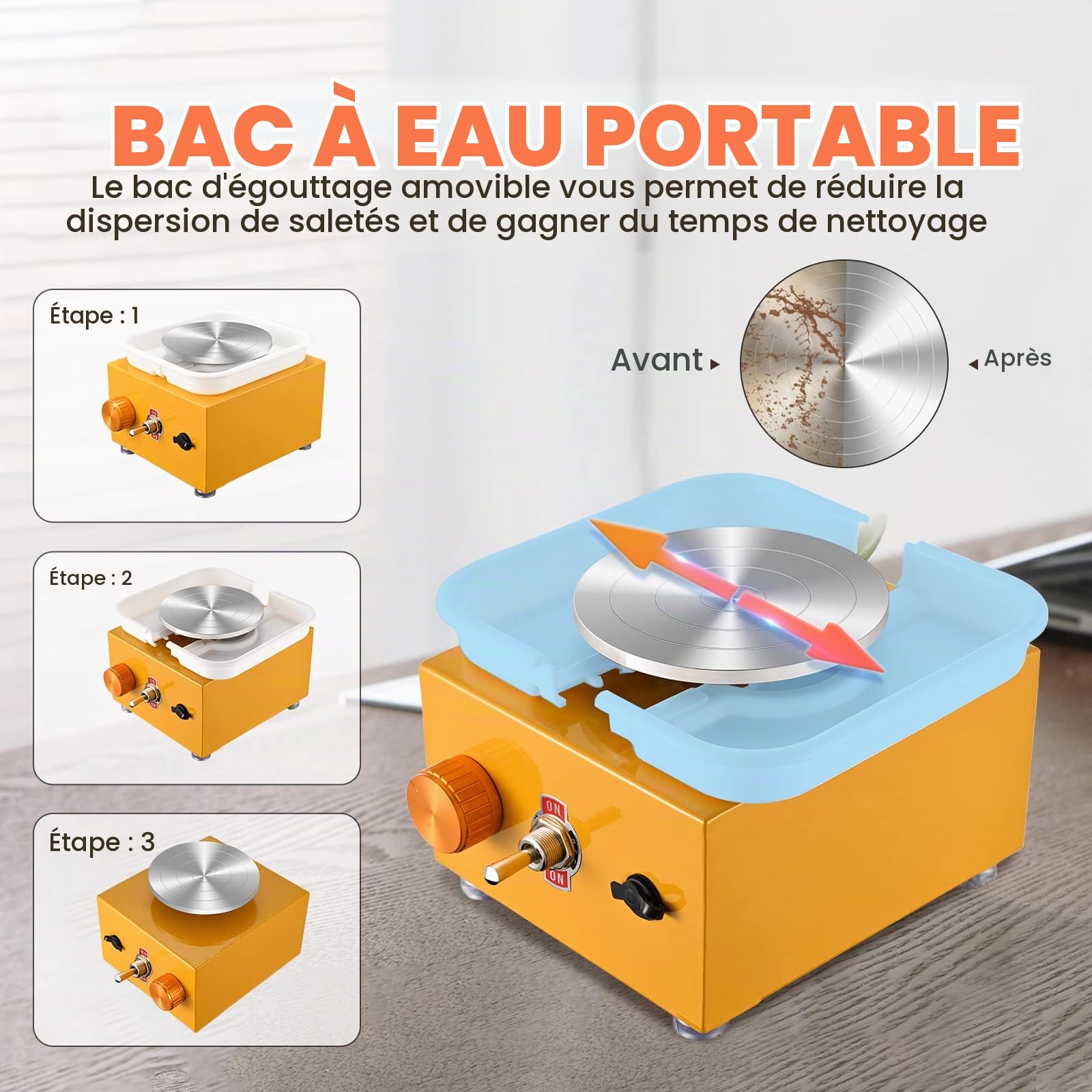 Roue de Poterie Électrique, 2000RPM Mini Tour de Potier avec Bassin en ABS Amovible et Plateau Tournant de 6,5/10 cm Machine à Tour Outil d'argile pour Céramique Bricolage Fabrication